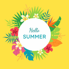 Banner Hello summer. Bright, colorful, yellow background of tropical leaves and flowers. Creative, exotic, funny frame. Poster, message on the Internet, template, postcard.
