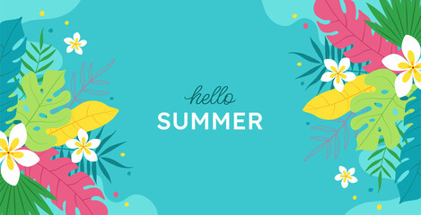 Fototapeta na wymiar Banner hello Summer. Creative bright, colorful, blue background with tropical leaves and plumeria flowers. Summer sale, poster template, greeting card.