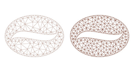 Polygonal mesh coffee grain icons. Flat framework variants created from coffee grain symbol and mesh lines. Abstract lines, triangles and points combined into coffee grain carcass.