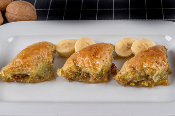 Walnut Baklava .Turkish style walnut baklava presentation and service.