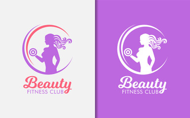 Fototapeta premium Beauty Fitness Club Logo Design. Women Silhouette with Dumbbell Symbol and Circle Shape Combination.