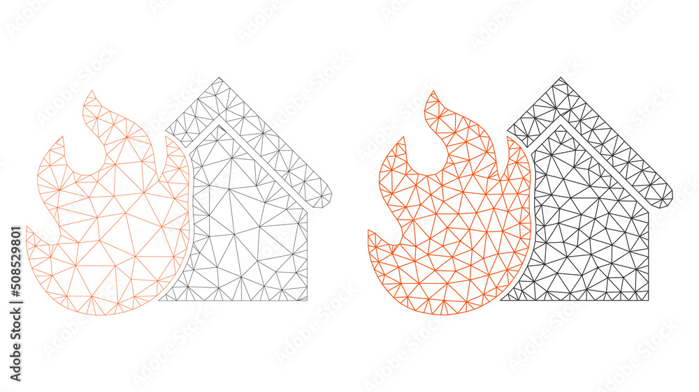 Poster polygonal mesh burning house icons. flat framework variants are created from burning house symbol an