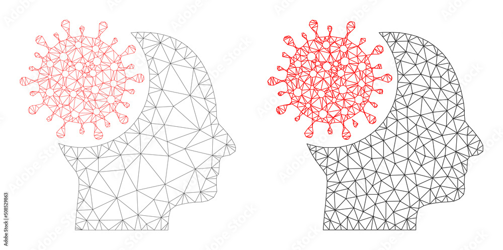 Poster polygonal mesh brain virus icons. flat carcass versions created from brain virus pictogram and trian