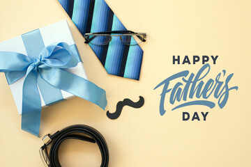 Design concept top view of Father's day gift idea with greeting. Copy space.