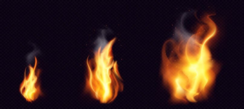 Fire PNG. Realistic Fire Flames with smoke and sparkles transparent on dark background. Burning red wildfire flames set, burn bonfire silhouette and blazing fiery spurts of flame
