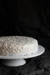 Iced One Layer White Cake on a White Cake Stand with a Black Background