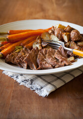 Plated Meal of Chuck Roast, Carrots and Roasted Potatoes