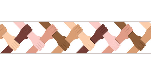 Horizontal seamless pattern of hands holding each other strongly. Teamwork concept. Great for various youth, multicultural and business organization purposes. Vector illustration