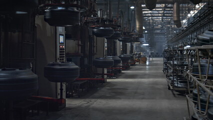 Tire factory storage with modern devices in technological factory facility