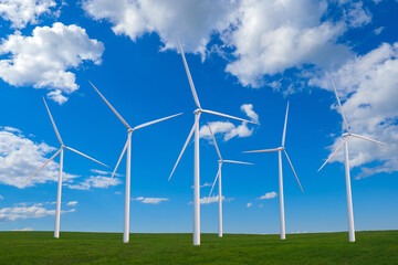 Fototapeta premium Windmill farm. Panorama with wind energy generators. Green meadow with windmills. White wind turbines. Windmills are spinning on summer day. Green energy generators. Renewable energy.