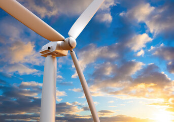 Wind turbine. White windmill. Windmill blades against sky. Extraction of electricity from renewable...