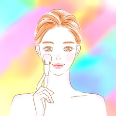 メイクする女性とカラフルな背景