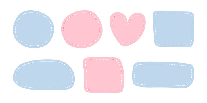 Set patches of different shapes with dotted line. Pastel templates, place for text or photo frames. Decorative vector elements isolated on white background. Blue and pink dotted patches.