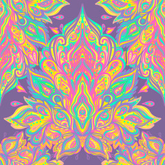 Vector ornamental Lotus floral seamless pattern design, ethnic art, patterned Indian paisley. Hand drawn illustration. Tattoo, astrology, alchemy, boho and magic symbol.