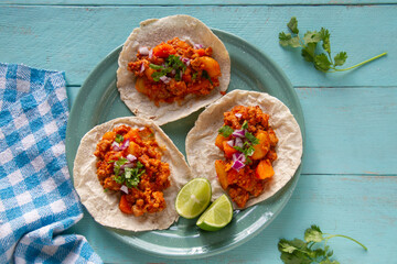 Ground meat tacos called picadillo. Mexican food