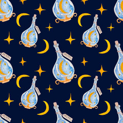 Watercolor seamless pattern, bottle with moon potion, stars on dark background. Pattern for magic, halloween products.