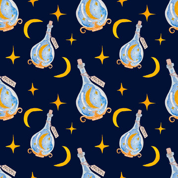 Watercolor seamless pattern, bottle with moon potion, stars on dark background. Pattern for magic, halloween products.