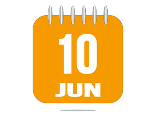 10 day of the month. 10 June. Yellow calendar daily icon.