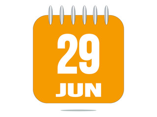 29 day of the month. 29 June. Yellow calendar daily icon.