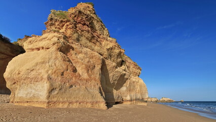 Tall rock pinnacle-Praia dos Tres Castelos Beach-seagull on top. Portimao-Portugal-285
