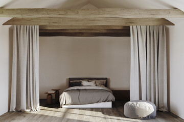 Scandinavian bedroom in  house with a triangular roof and old wooden beams. Beige curtains, decor, grey pouf Light and shadow on the floor. 3D rendering illustration mock up.