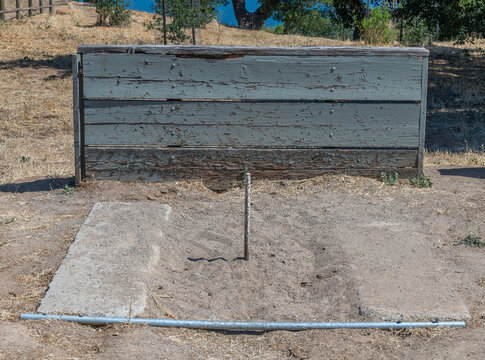 A horseshoe pit game stands vacant at Lake Cachuma in Santa Barbara county, CA.