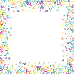 Falling letters of English language. Colorful messy sketch flying words of Latin alphabet. Foreign languages study concept. Cool back to school banner on white background.