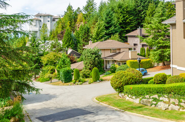 Houses in suburb at Summer in the north America. Luxury houses with nice landscape.