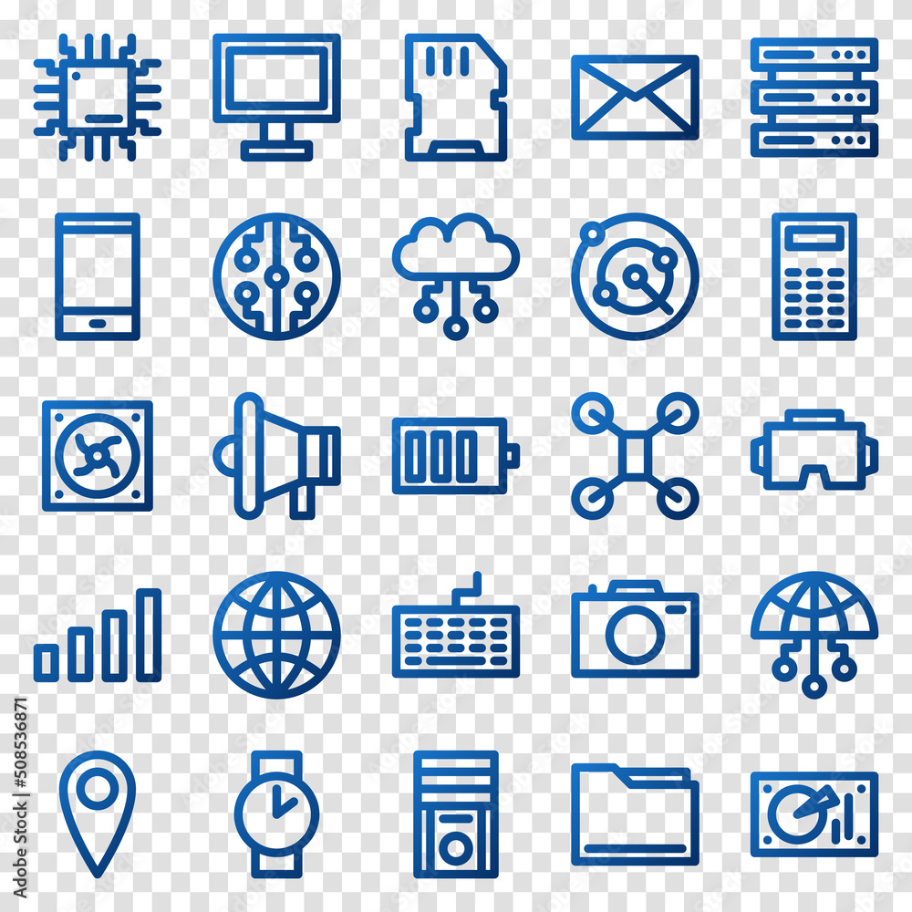 Poster set of 25 device and technology web icons in gradient style. industry 4.0 concept factory of the fut