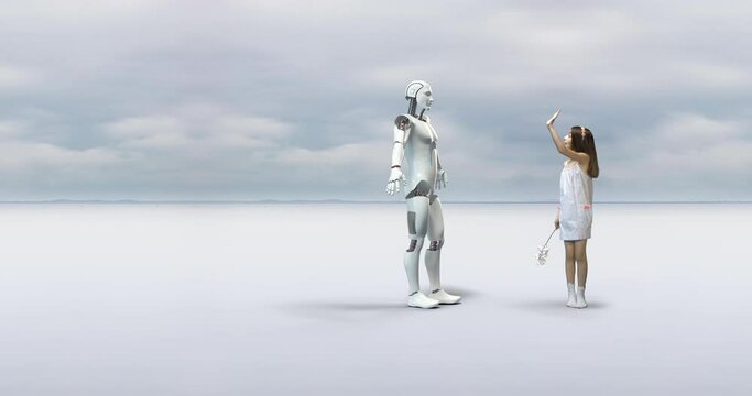 Beautiful Small Girl Waving Hand Then Giving Flower To A Cyborg. Technology And People Related 3D Concept.