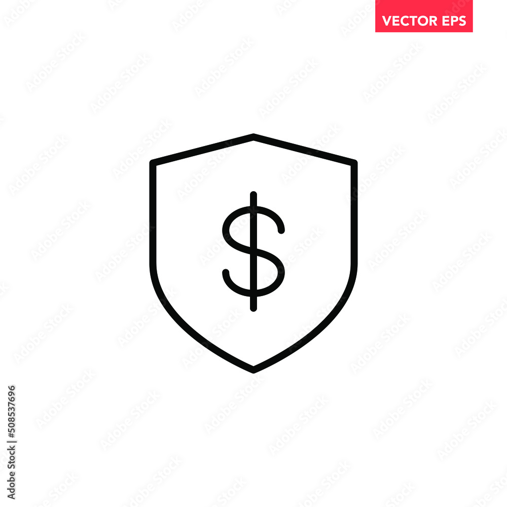 Poster black single shield dollar line icon, simple money guard infographic vector for ads app logo web web