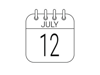 Day 12 July. Simple 12 black calendar icon with white background.