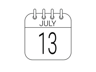 Day 13 July. Simple 13 black calendar icon with white background.