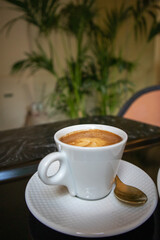 White porcelain coffee cup with Americano, cappuccino drink with brown milk foam on black marble table against green palm leaves. A hot drink for breakfast, lunch in cafe, restaurant. Tableware detail