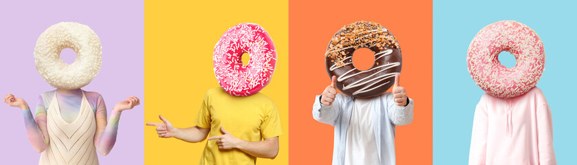 Young people with tasty doughnuts instead of their heads on color background