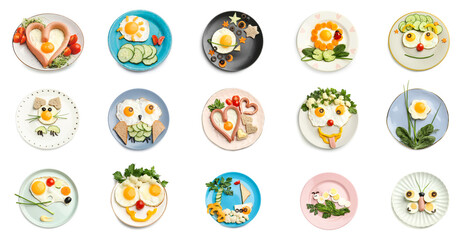 Set of funny food for little kids on white background, top view - obrazy, fototapety, plakaty
