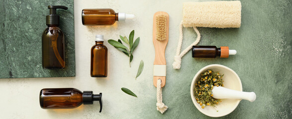 Composition with natural cosmetics and bath accessories on color background, top view
