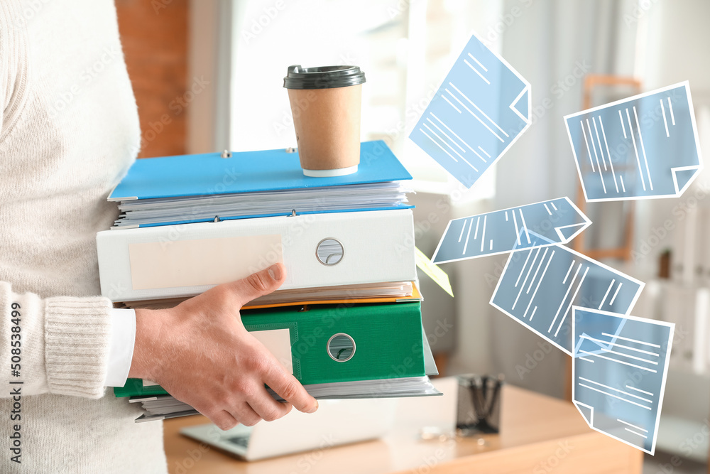 Poster man with stack of documents and digital files in office