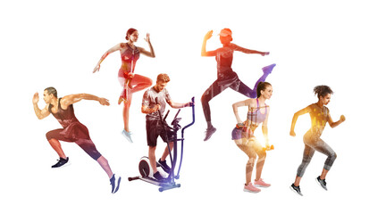 Plakat Double exposure of modern gym and sporty people on white background