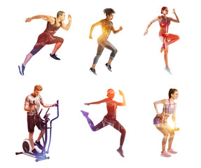 Double exposure of modern gym and sporty people on white background