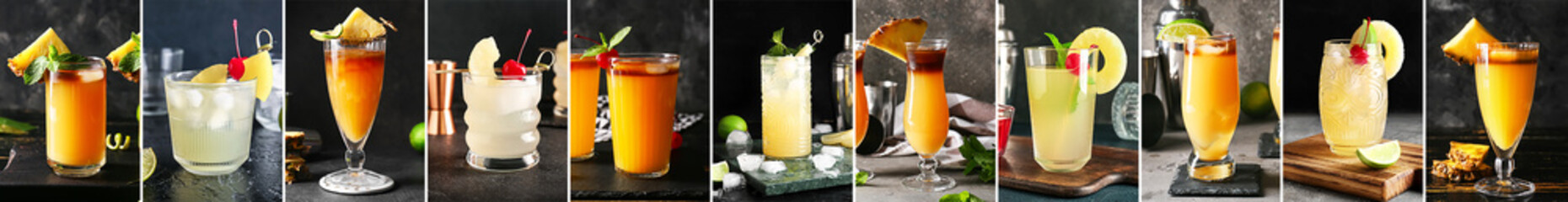Collection of glasses with delicious Mai Tai cocktail on dark background