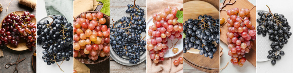 Set of ripe grapes on table, top view