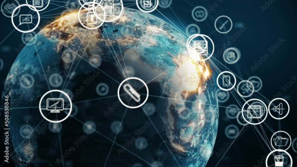 Poster animation of network of connections with icons over globe