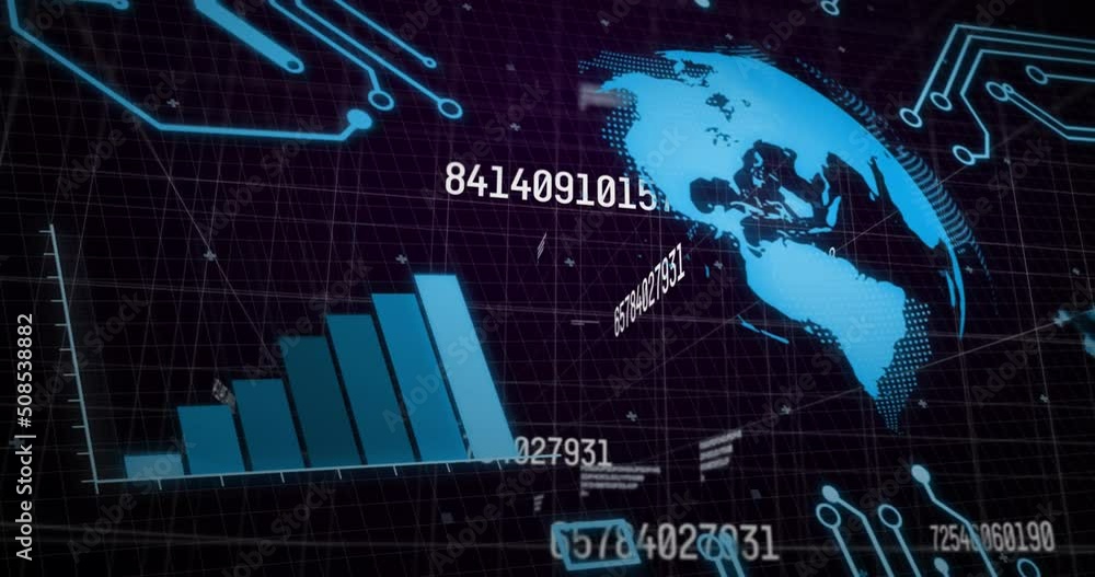 Poster animation of financial data processing over dark background