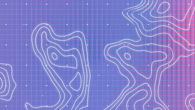 Animation of isohypses over data processing on violet background