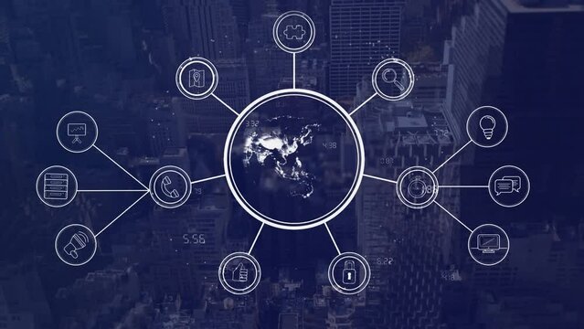 Animation of network of connections with icons over cityscape and navy background