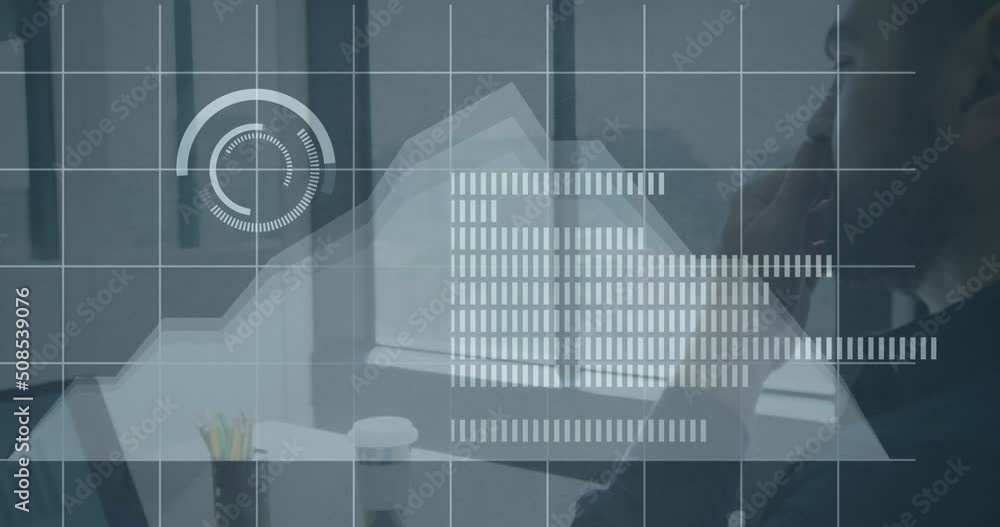 Poster animation of statistics and data processing over biracial businessman thinking