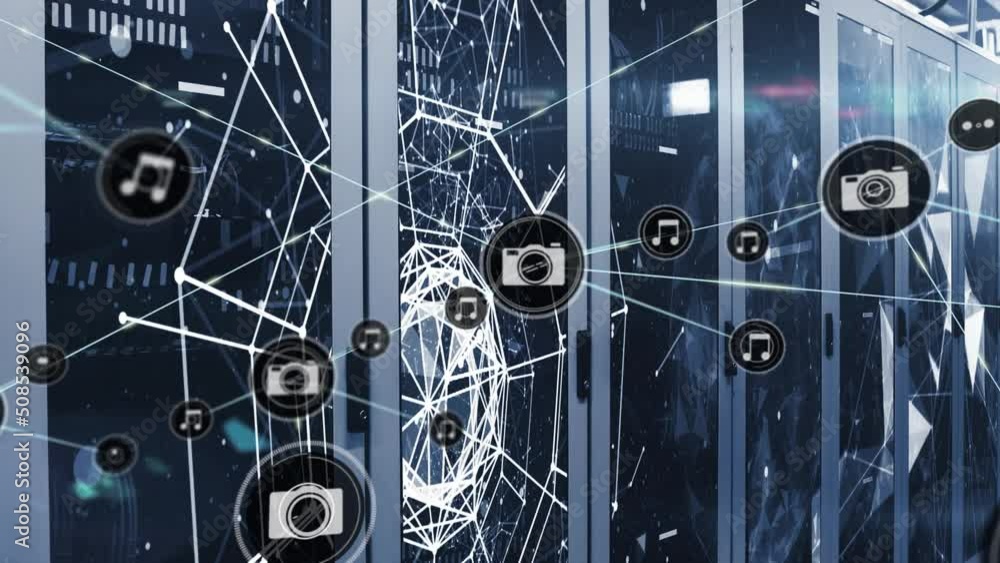 Poster animation of network of connections with icons over server room