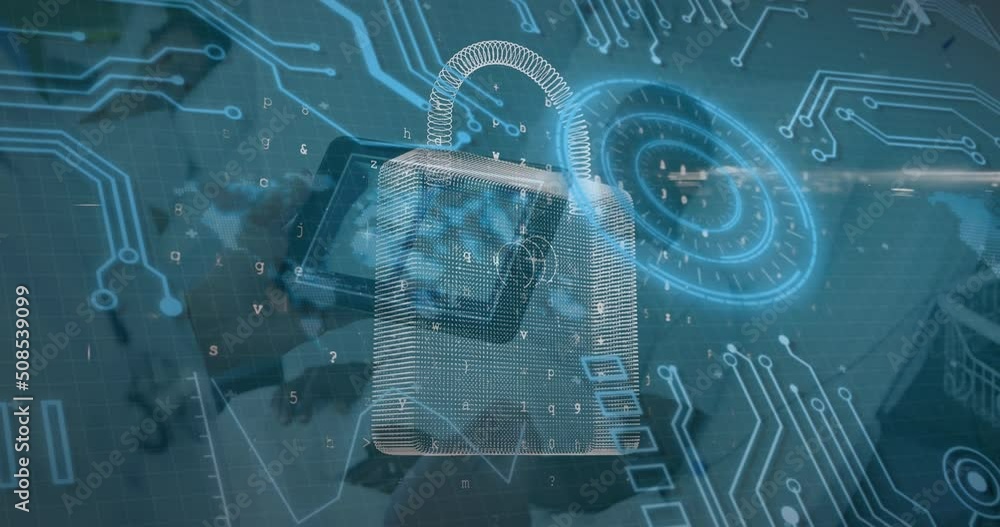 Poster animation of security padlock over man using tablet