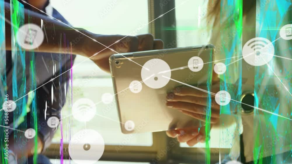 Poster animation of network of connections with icons over diverse business people using tablet